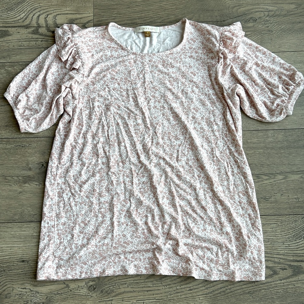 DownEast Light Pink Floral Tee with Ruffle Sleeves